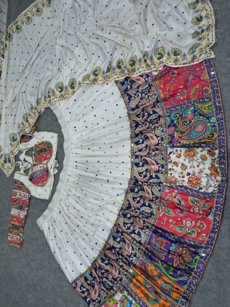 Sophisticated White Semi Stitched Malai Satin Silk Lehenga with Real Mirror Work Navratri Lehnega Choli