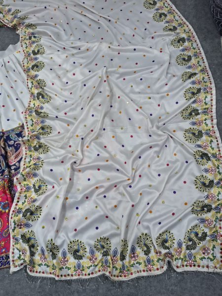 Sophisticated White Semi Stitched Malai Satin Silk Lehenga with Real Mirror Work Navratri Lehnega Choli