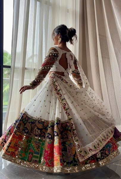 Sophisticated White Semi Stitched Malai Satin Silk Lehenga with Real Mirror Work Navratri Lehnega Choli