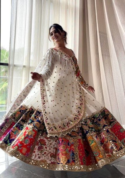 Sophisticated White Semi Stitched Malai Satin Silk Lehenga with Real Mirror Work Navratri Lehnega Choli