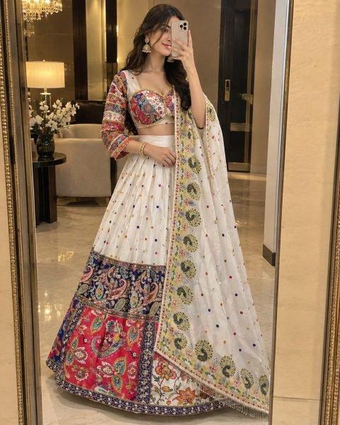 Sophisticated White Semi Stitched Malai Satin Silk Lehenga with Real Mirror Work Navratri Lehnega Choli