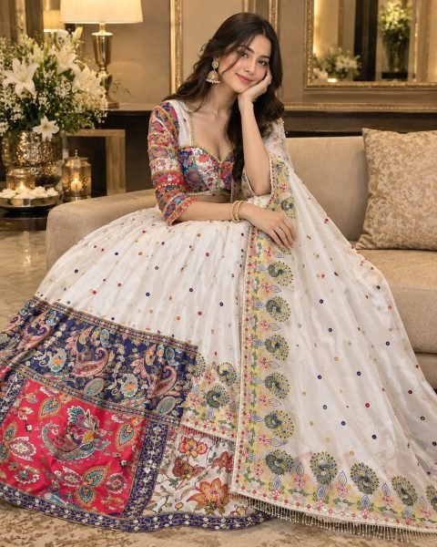 Sophisticated White Semi Stitched Malai Satin Silk Lehenga with Real Mirror Work Navratri Lehnega Choli