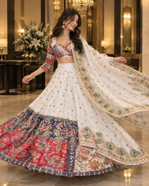 Sophisticated White Semi Stitched Malai Satin Silk Lehenga with Real Mirror Work Navratri Lehnega Choli