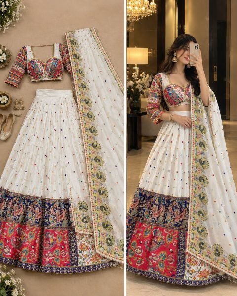 Sophisticated White Semi Stitched Malai Satin Silk Lehenga with Real Mirror Work Navratri Lehnega Choli