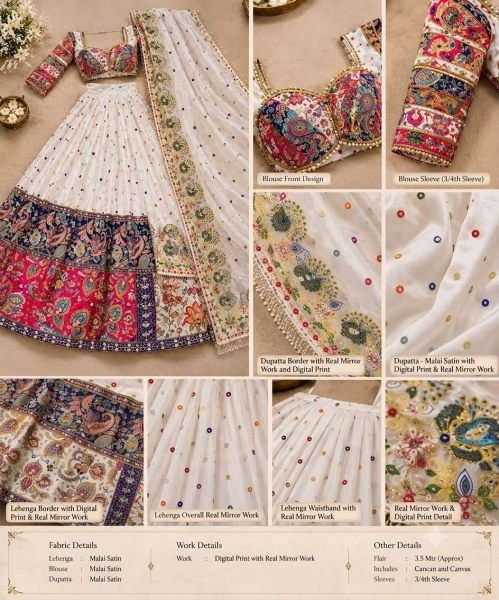 Sophisticated White Semi Stitched Malai Satin Silk Lehenga with Real Mirror Work Navratri Lehnega Choli
