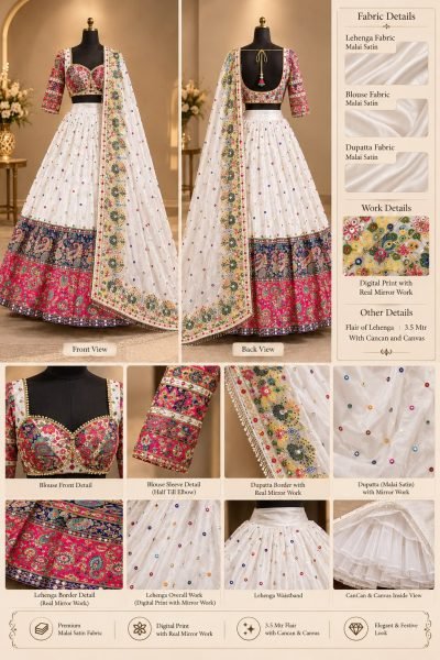 Sophisticated White Semi Stitched Malai Satin Silk Lehenga with Real Mirror Work Navratri Lehnega Choli