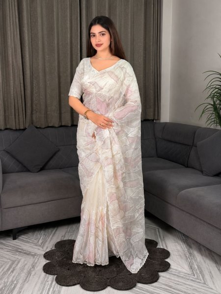 Sophisticated White Women s Chanda Silk Saree with Turkish Embroidery and Matching Blouse Sarees 