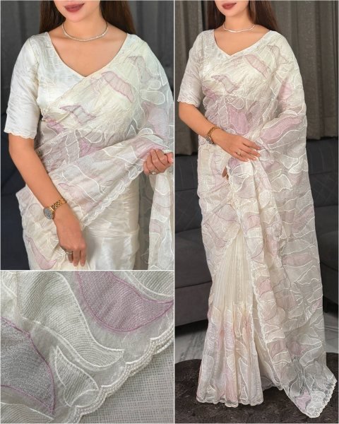 Sophisticated White Women s Chanda Silk Saree with Turkish Embroidery and Matching Blouse Silk Sarees Wholesale