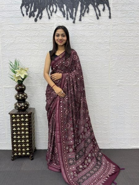 Sophisticated Wine Ethnic Mal Cotton Saree with Real Mirror Work for Special Occasions Sarees 