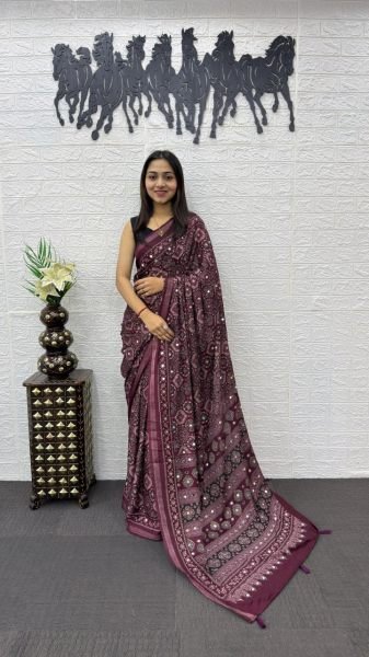 Sophisticated Wine Ethnic Mal Cotton Saree with Real Mirror Work for Special Occasions Printed Cotton Sarees Wholesale