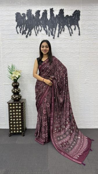 Sophisticated Wine Ethnic Mal Cotton Saree with Real Mirror Work for Special Occasions Printed Cotton Sarees Wholesale