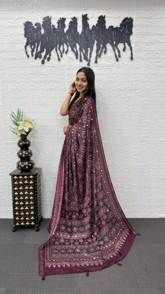 Sophisticated Wine Ethnic Mal Cotton Saree with Real Mirror Work for Special Occasions Printed Cotton Sarees Wholesale