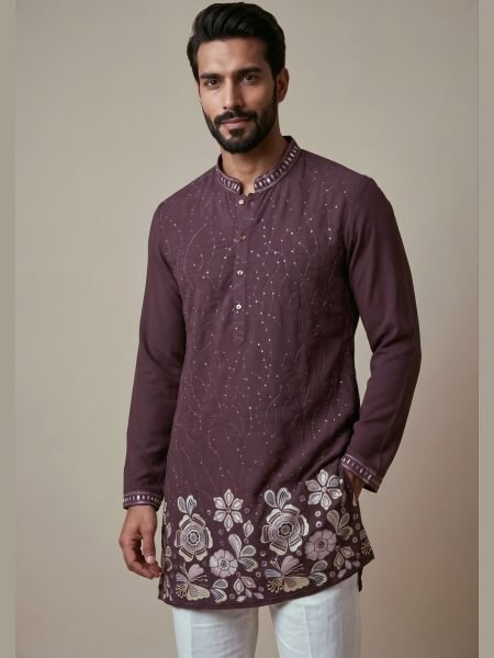 Sophisticated Wine Men’s Lachko Kurta with Semi Cotton Chudidar Pyjama at Manufacturer  