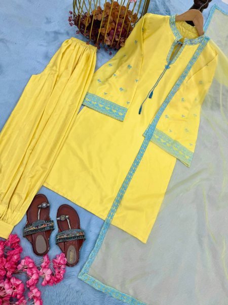 Sophisticated Yellow Crepe Silk Embroidered Top with Belly Sleeves Tassels Balloon Pants With Dupatta Ready To Wear Collection