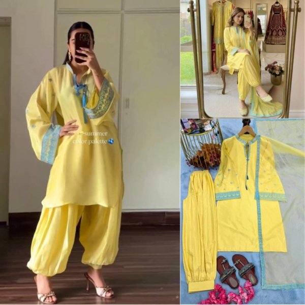 Sophisticated Yellow Crepe Silk Embroidered Top with Belly Sleeves Tassels Balloon Pants With Dupatta Ready To Wear Collection