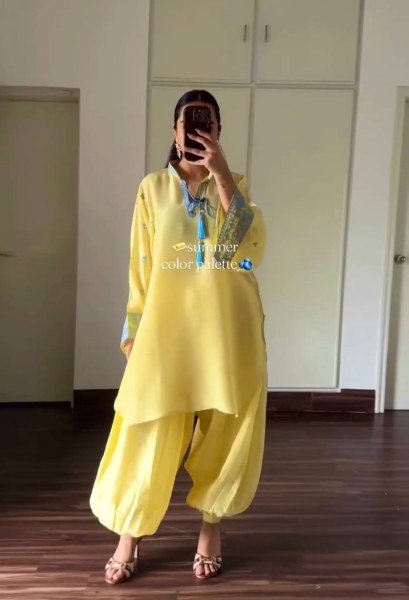 Sophisticated Yellow Crepe Silk Embroidered Top with Belly Sleeves Tassels Balloon Pants With Dupatta Ready To Wear Collection