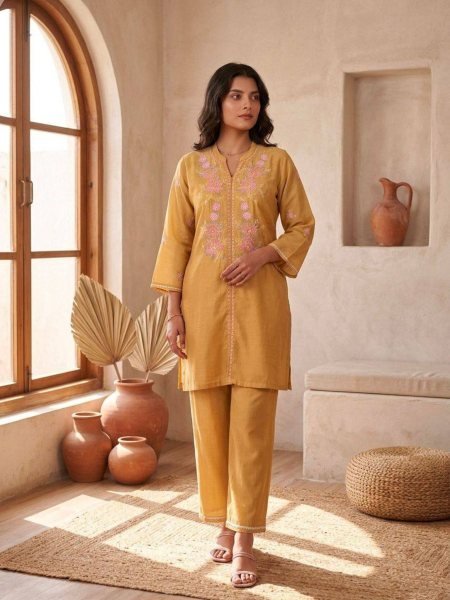 Sophisticated Yellow Modal Chanderi Suit Set with Viscose Thread Embroidery Work 