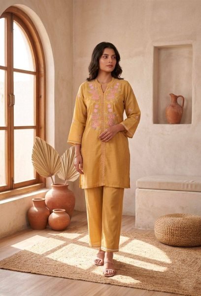 Sophisticated Yellow Modal Chanderi Suit Set with Viscose Thread Embroidery Work CO ORD Sets