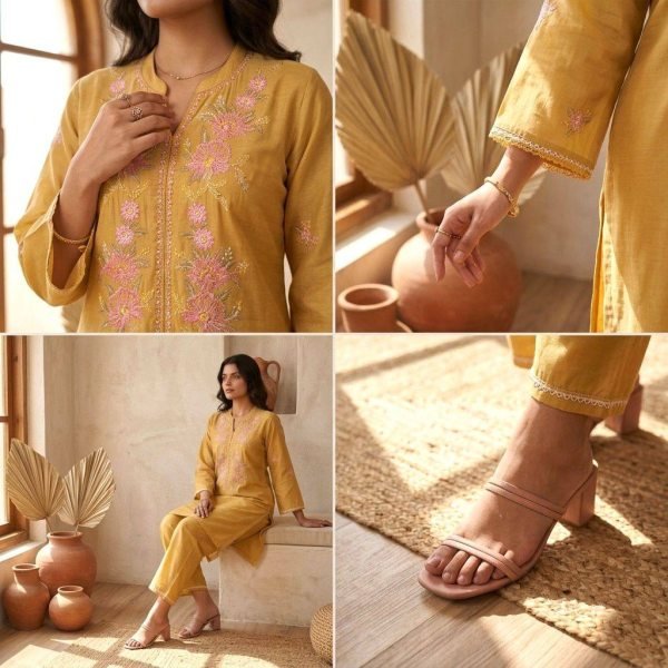 Sophisticated Yellow Modal Chanderi Suit Set with Viscose Thread Embroidery Work CO ORD Sets