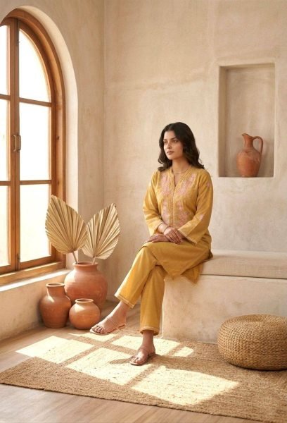 Sophisticated Yellow Modal Chanderi Suit Set with Viscose Thread Embroidery Work CO ORD Sets