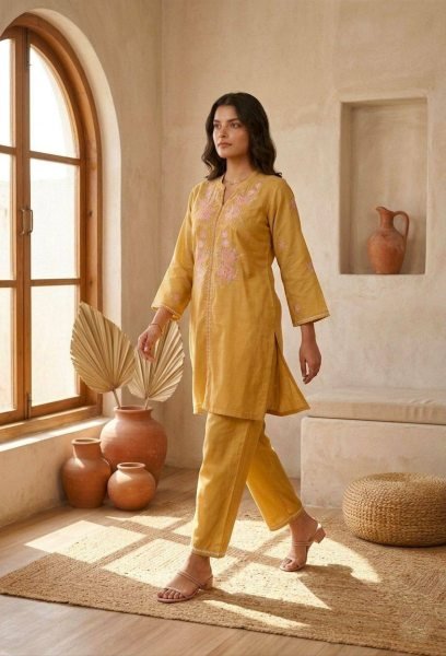 Sophisticated Yellow Modal Chanderi Suit Set with Viscose Thread Embroidery Work CO ORD Sets