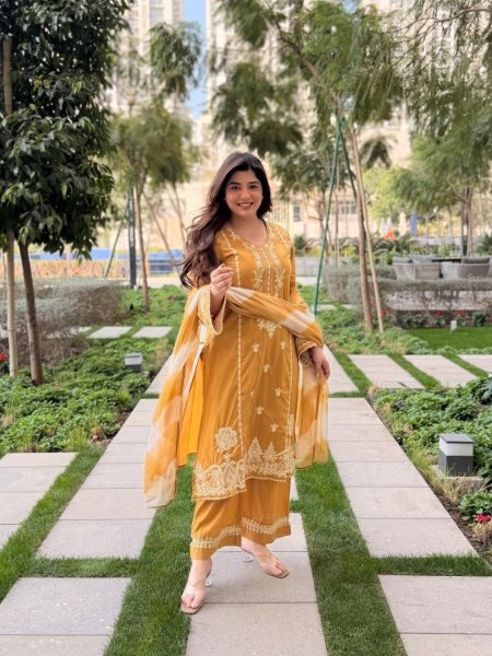 Sophisticated Yellow Viscose Roman Silk Suit with Dupatta for Festive Wear 