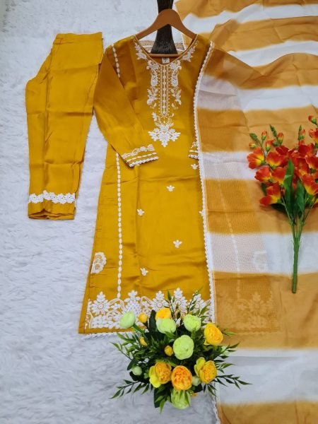Sophisticated Yellow Viscose Roman Silk Suit with Dupatta for Festive Wear Embroidery Kurtis 