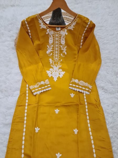 Sophisticated Yellow Viscose Roman Silk Suit with Dupatta for Festive Wear Embroidery Kurtis 