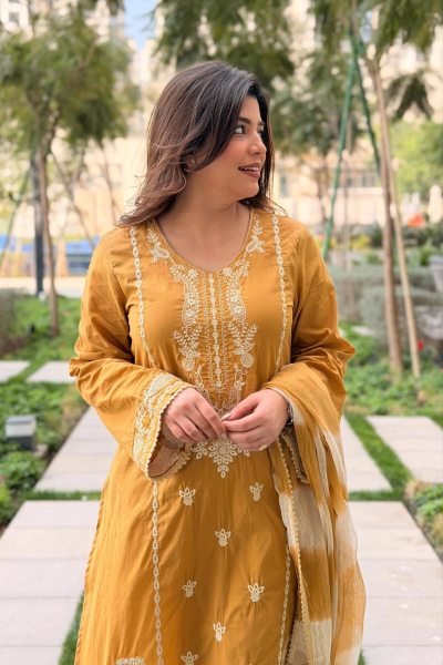 Sophisticated Yellow Viscose Roman Silk Suit with Dupatta for Festive Wear Embroidery Kurtis 