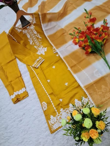 Sophisticated Yellow Viscose Roman Silk Suit with Dupatta for Festive Wear Embroidery Kurtis 