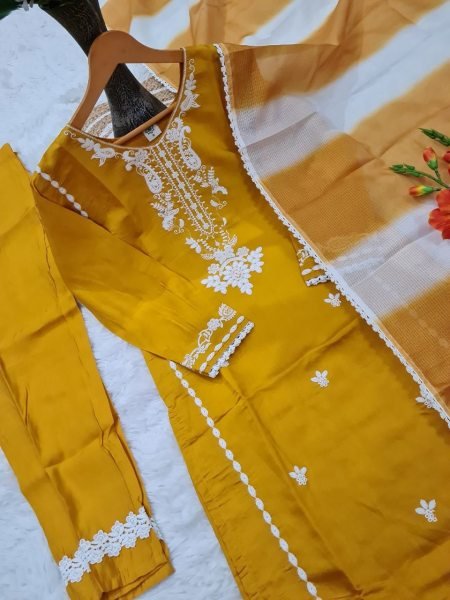 Sophisticated Yellow Viscose Roman Silk Suit with Dupatta for Festive Wear Embroidery Kurtis 