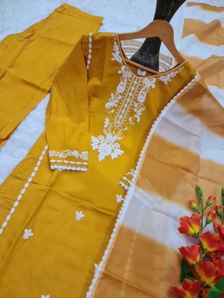 Sophisticated Yellow Viscose Roman Silk Suit with Dupatta for Festive Wear Embroidery Kurtis 