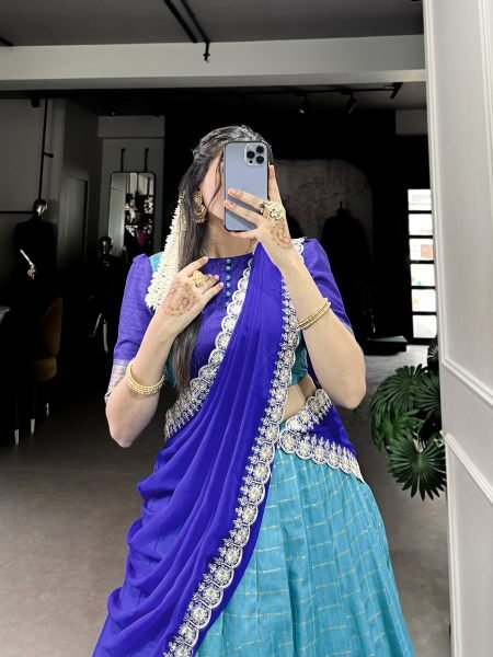 South Indian Blue Half Saree Lehenga with Weaving Work  Stitched Blouse Embroidered Georgette Dupatta Half Saree Lehenga