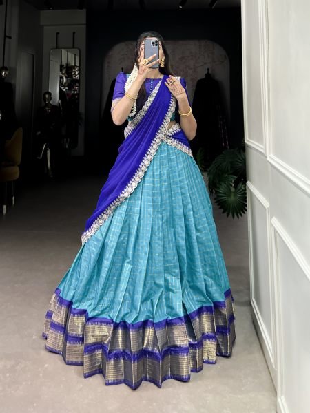 South Indian Blue Half Saree Lehenga with Weaving Work  Stitched Blouse Embroidered Georgette Dupatta Half Saree Lehenga