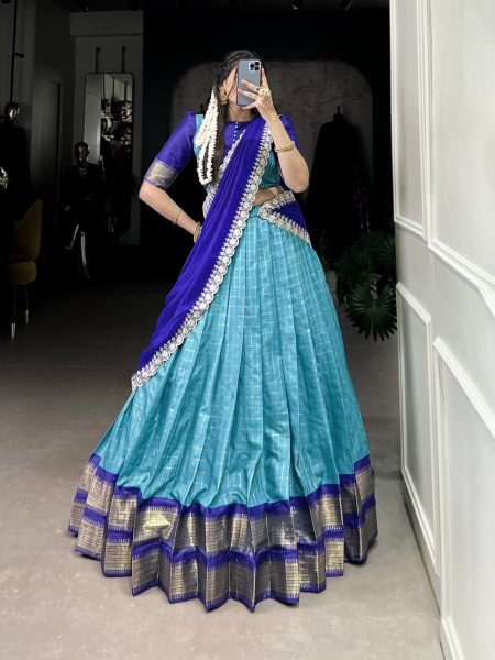 South Indian Blue Half Saree Lehenga with Weaving Work  Stitched Blouse Embroidered Georgette Dupatta Half Saree Lehenga