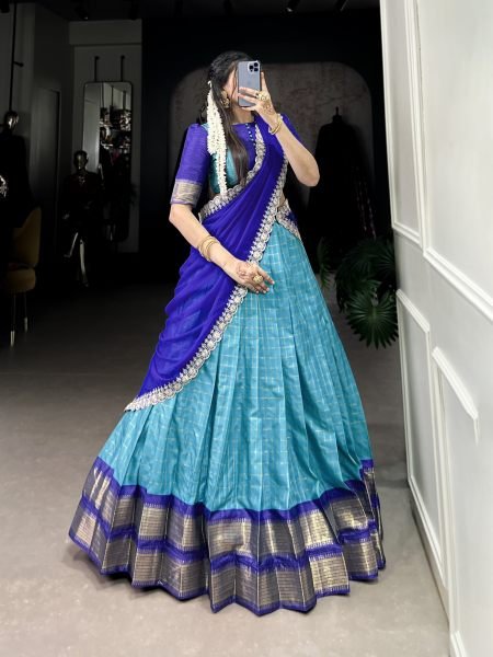 South Indian Blue Half Saree Lehenga with Weaving Work  Stitched Blouse Embroidered Georgette Dupatta Half Saree Lehenga