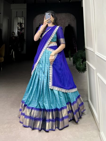 South Indian Blue Half Saree Lehenga with Weaving Work  Stitched Blouse Embroidered Georgette Dupatta Half Saree Lehenga