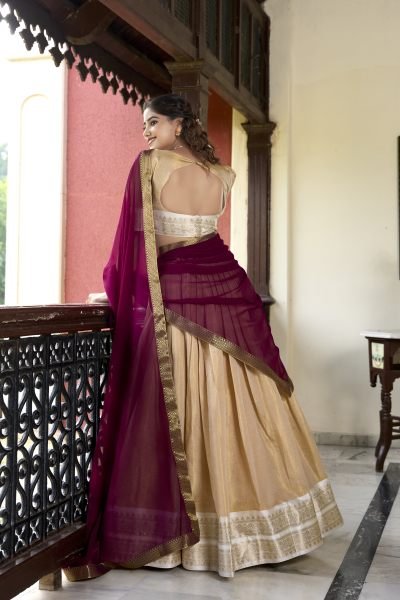 South Indian Cream Color Kanchipuram Silk Lehenga Choli For Wedding Half Saree Lehenga