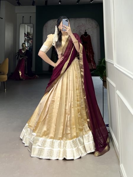 South Indian Cream Color Kanchipuram Silk Lehenga Choli For Wedding Half Saree Lehenga
