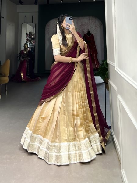 South Indian Cream Color Kanchipuram Silk Lehenga Choli For Wedding Half Saree Lehenga