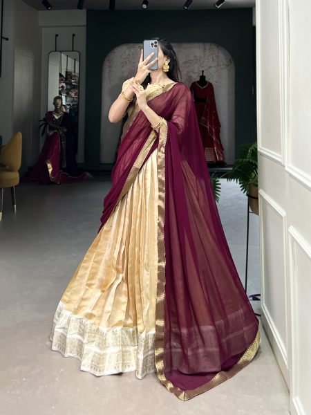 South Indian Cream Color Kanchipuram Silk Lehenga Choli For Wedding Half Saree Lehenga