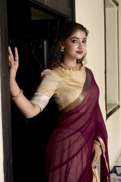 South Indian Cream Color Kanchipuram Silk Lehenga Choli For Wedding Half Saree Lehenga