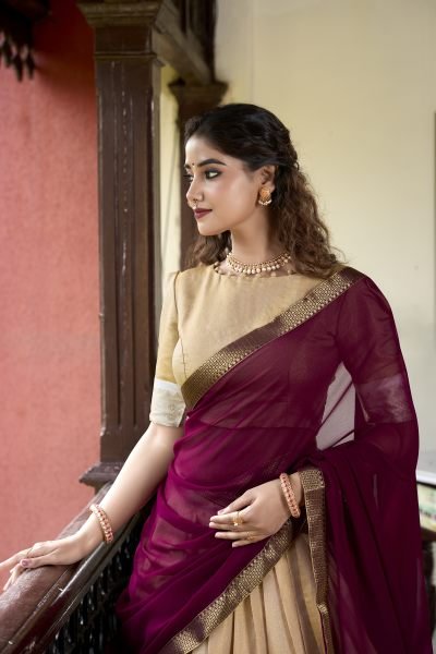South Indian Cream Color Kanchipuram Silk Lehenga Choli For Wedding Half Saree Lehenga