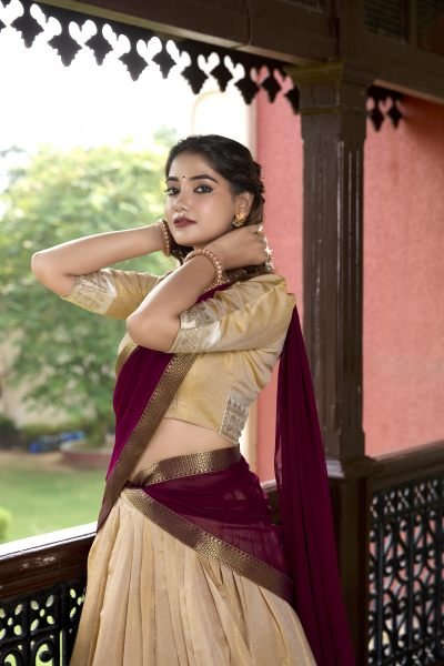 South Indian Cream Color Kanchipuram Silk Lehenga Choli For Wedding Half Saree Lehenga