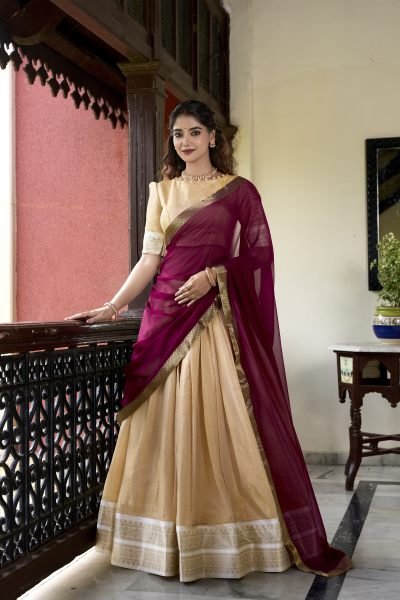 South Indian Cream Color Kanchipuram Silk Lehenga Choli For Wedding Half Saree Lehenga
