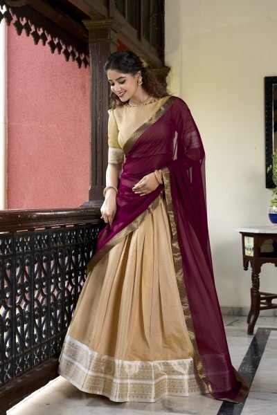 South Indian Cream Color Kanchipuram Silk Lehenga Choli For Wedding Half Saree Lehenga
