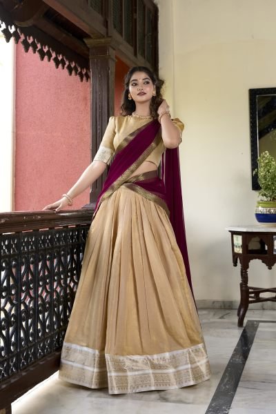 South Indian Cream Color Kanchipuram Silk Lehenga Choli For Wedding Half Saree Lehenga