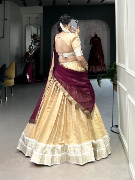 South Indian Cream Color Kanchipuram Silk Lehenga Choli For Wedding Half Saree Lehenga
