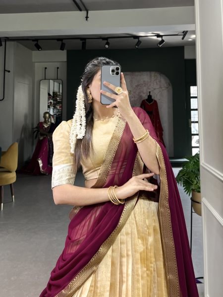 South Indian Cream Color Kanchipuram Silk Lehenga Choli For Wedding Half Saree Lehenga