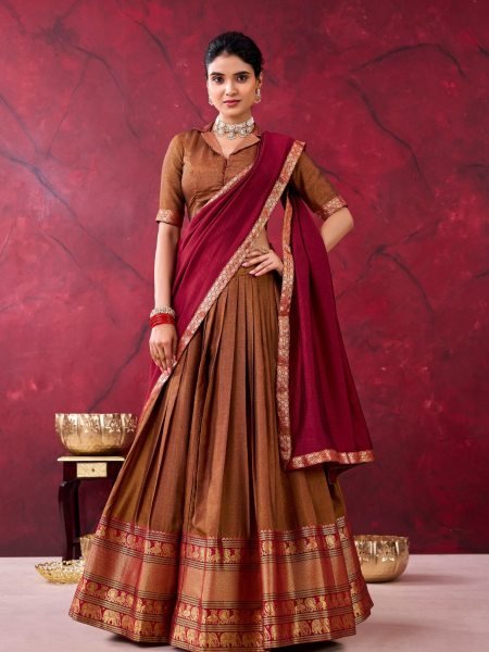 South Indian Galf Saree Brown Traditional Narayanpet Lehenga Choli  Lehenga